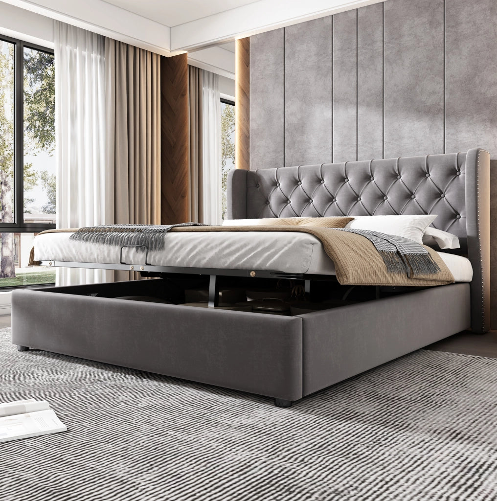 Letto imbottito 140x200 cm in velluto grigio con contenitore idraulico e rete