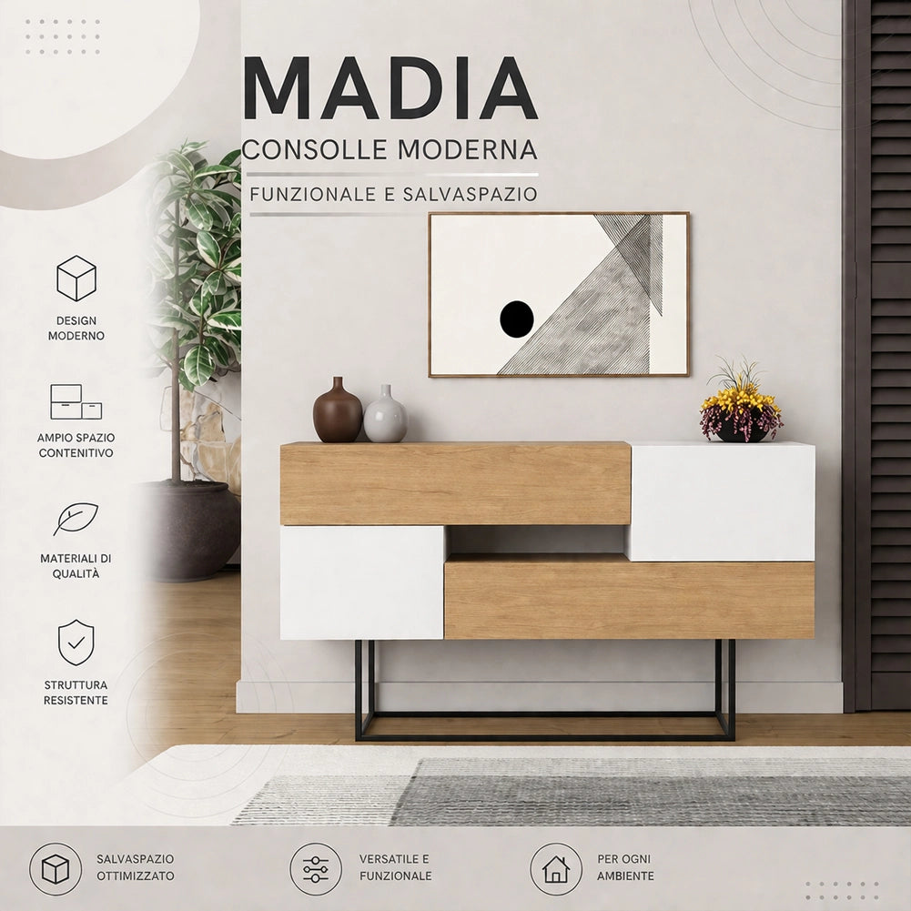 Madia Consolle Moderna 145 cm con 2 Ante 2 Cassetti Zaffiro di Quercia e Bianco