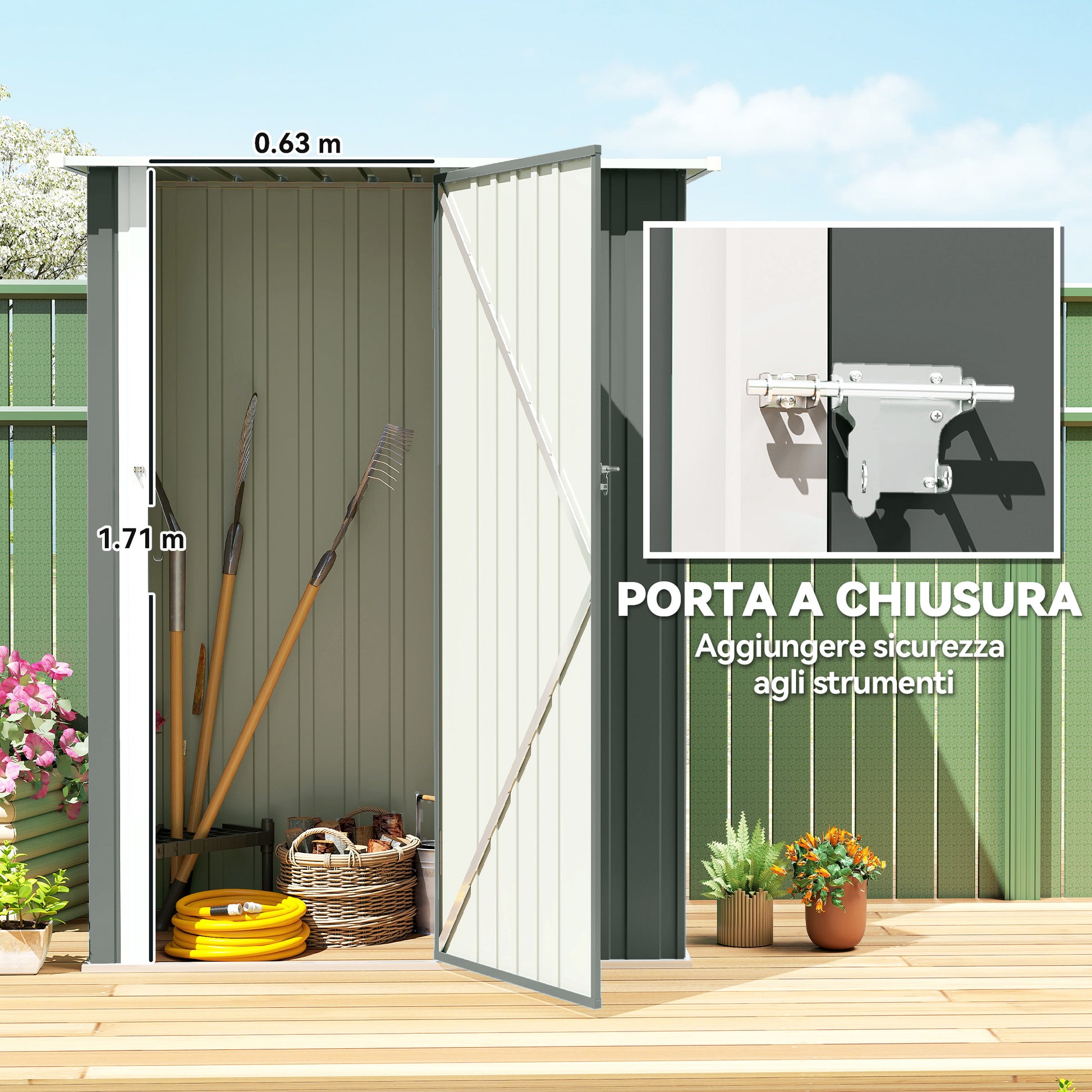 Capanno Porta Attrezzi 142x86x189 cm con Tetto Inclinato e Porta Bloccabile in Metallo Grigio Chiaro