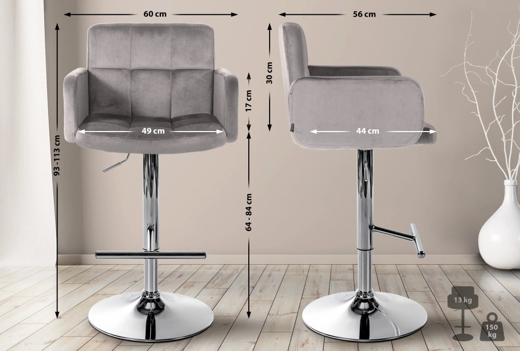 Set di 2 sgabelli da bar Los Angeles in velluto grigio,cromo