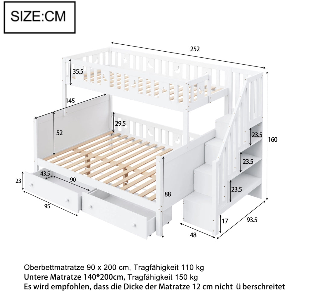 Letto a castello per bambini 90x200 e 140x200 cm con scala contenitore, bianco