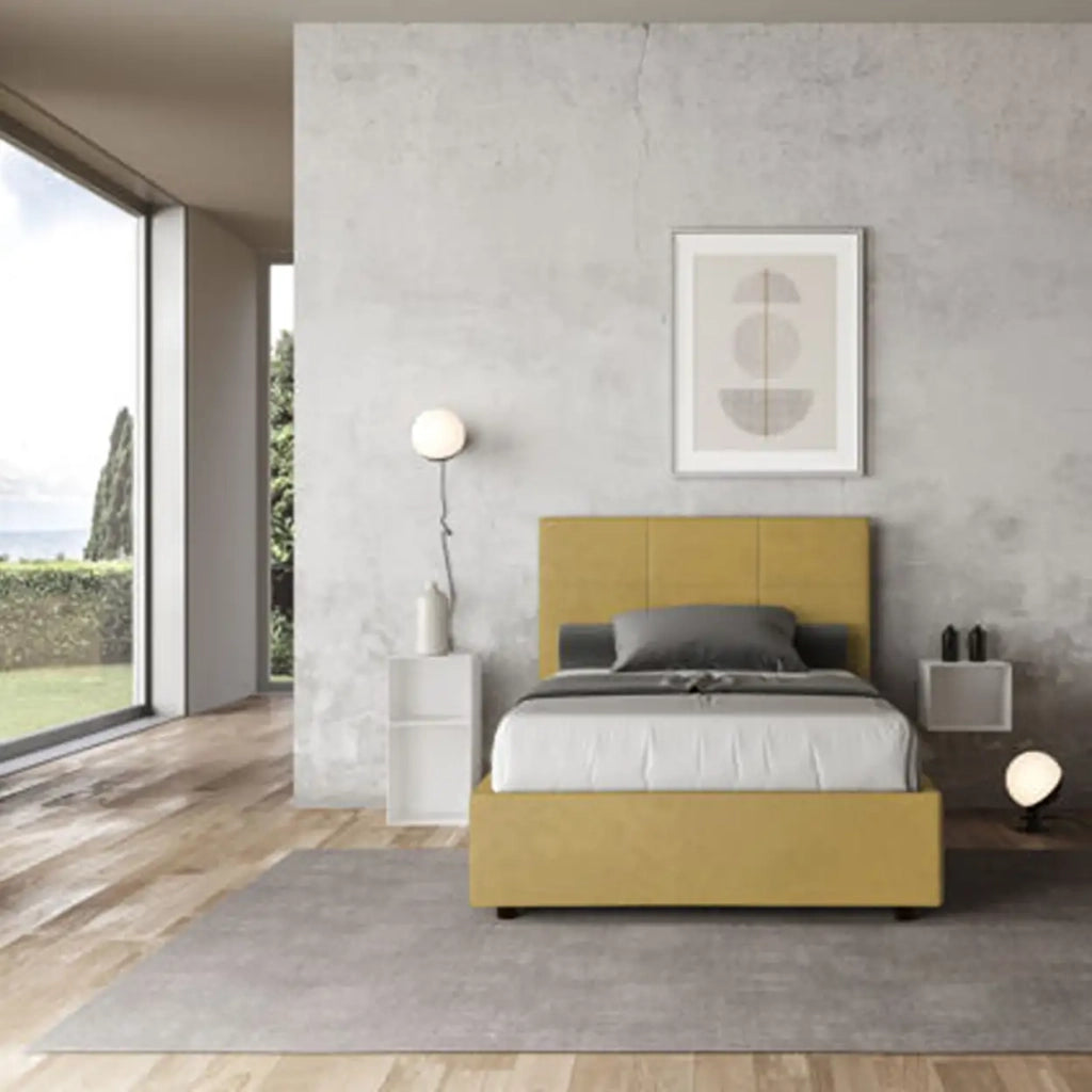 Letto una piazza e mezza con rete imbottito 120x210 microfibra ocra Mika