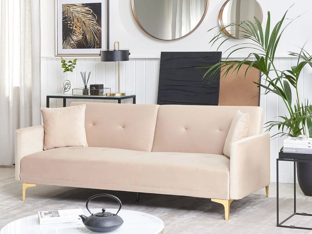 Moderno Divano Letto a 3 Posti Rivestito in Velluto Beige Piedini Cromati