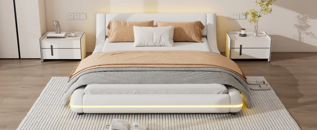 DESMIU Lit basso 140 × 200 cm 2 posti con LED regolabile, senza materasso, in PU e MDF, bianco