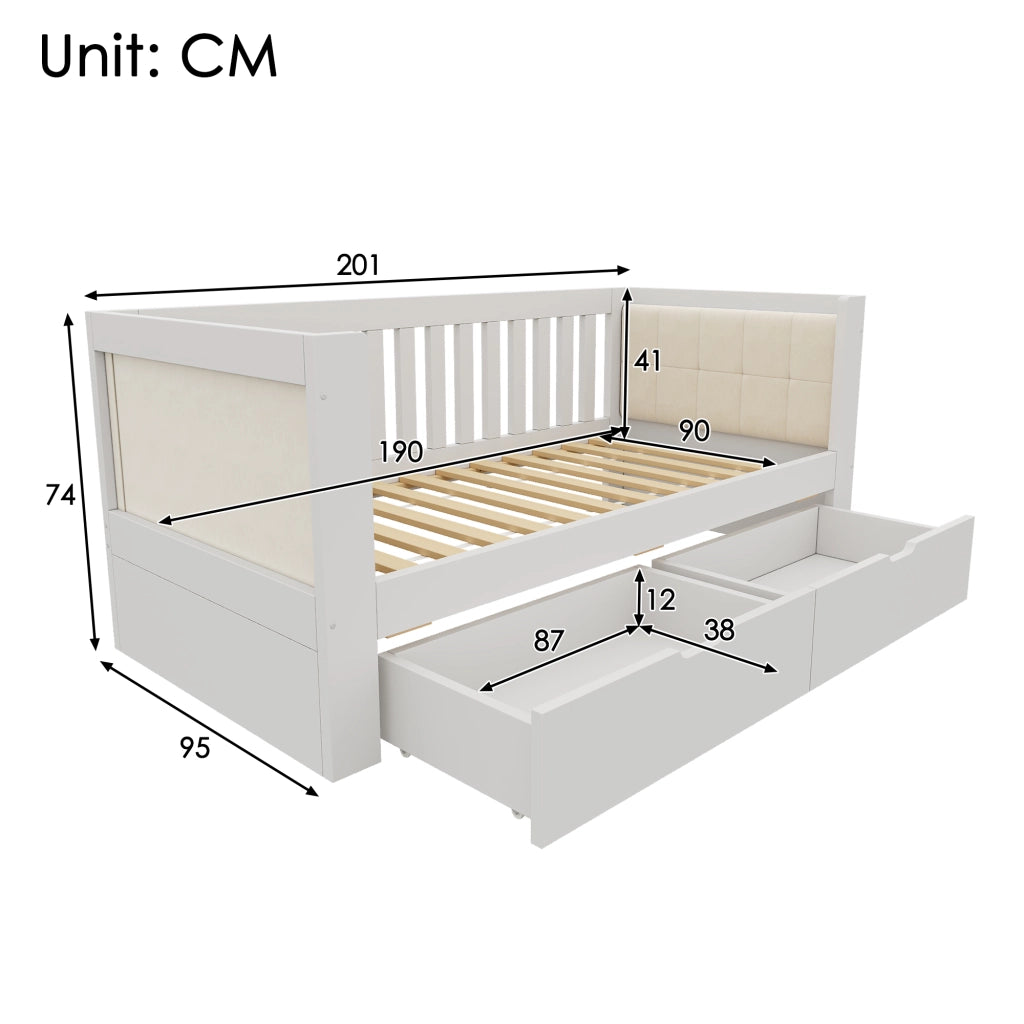 Divano letto con 2 cassetti 90x190 cm in legno bianco