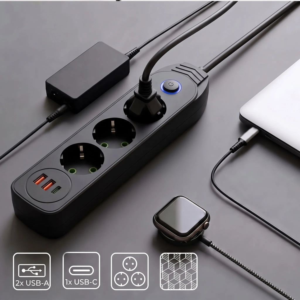 Multipresa Con Prolunga, 3 Prese + 2 Porte Usb-a + Usb-c Jnh024-3b Black