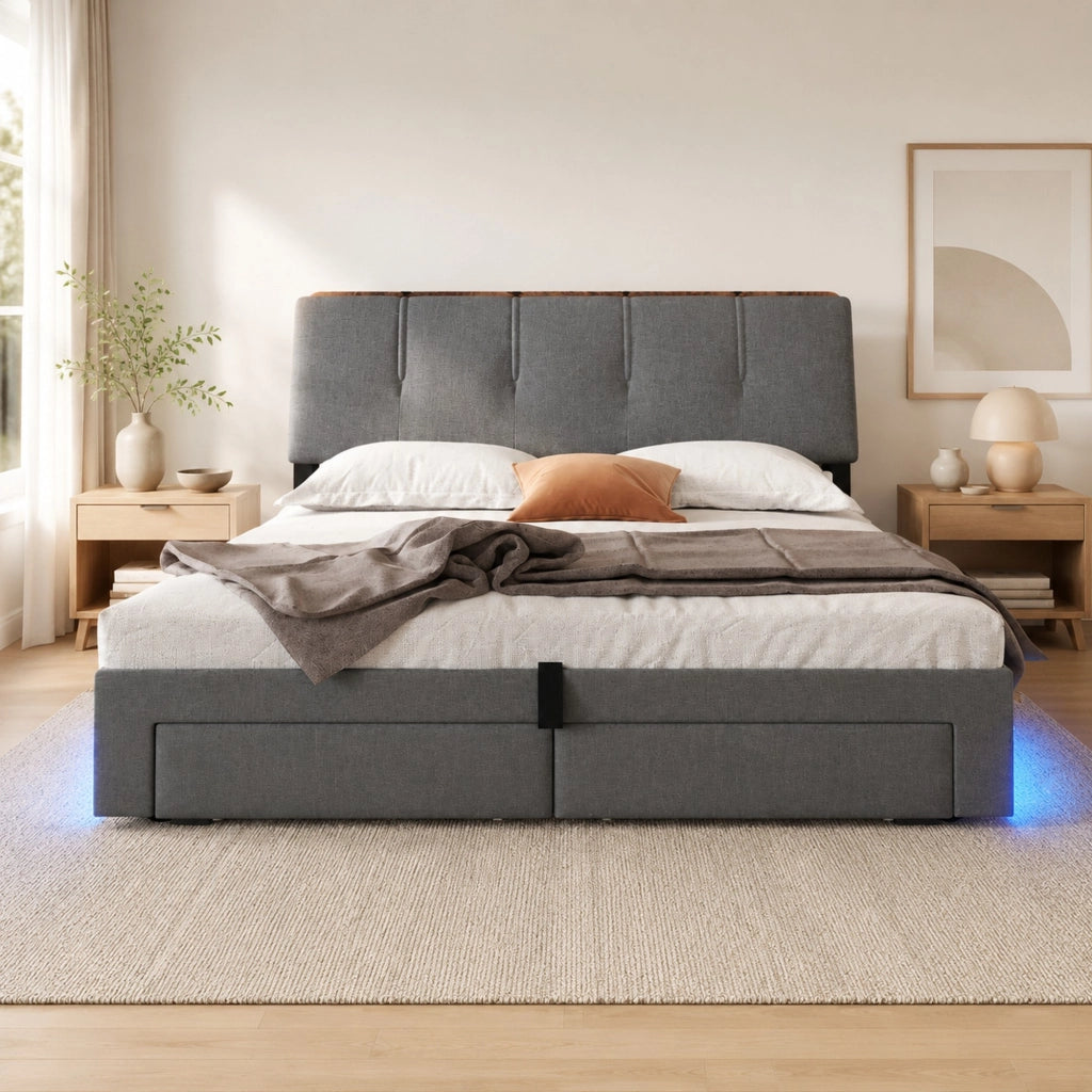 DESMIU Lit letto 140 × 200 cm 2 posti con USB, Type-C e LED, senza materasso, in lino, grigio