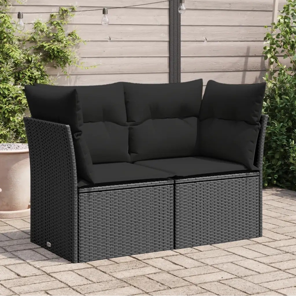 Divano da Giardino con Cuscini a 2 Posti Nero in Polyrattan
