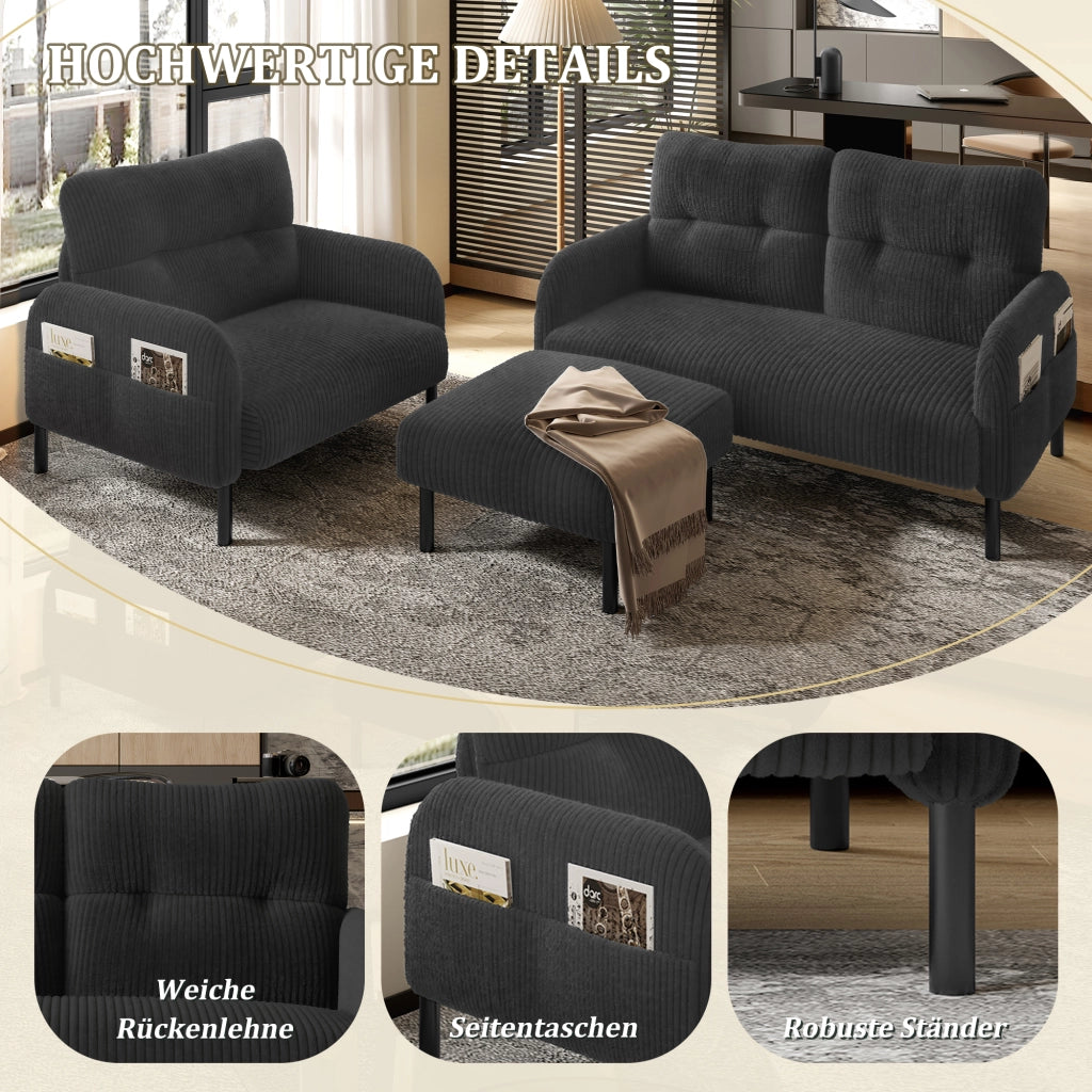 Set di Divani con 1 Divano 2 Posti; 1 Poltrona e 1 Poggiapiedi; Schienale Ergonomico e Tasca Laterale; per Soggiorno; Velluto a Coste; Grigio