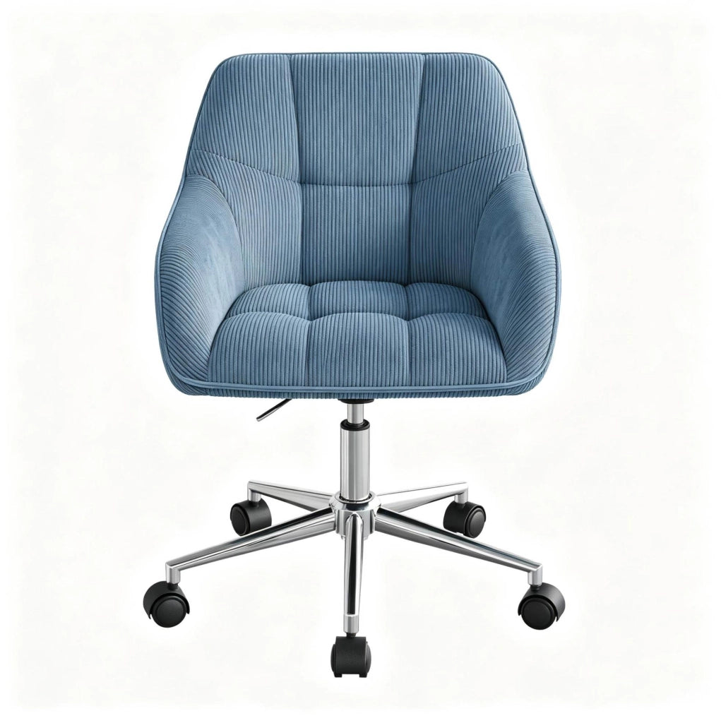 Sedia da ufficio girevole ergonomica blu in velluto a coste con altezza regolabile e ruote