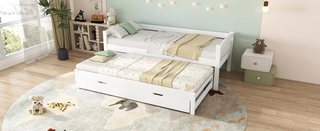 Letto a scomparsa singolo e matrimoniale con letto estraibile, 2 cassetti in MDF, struttura in legno massello bianco