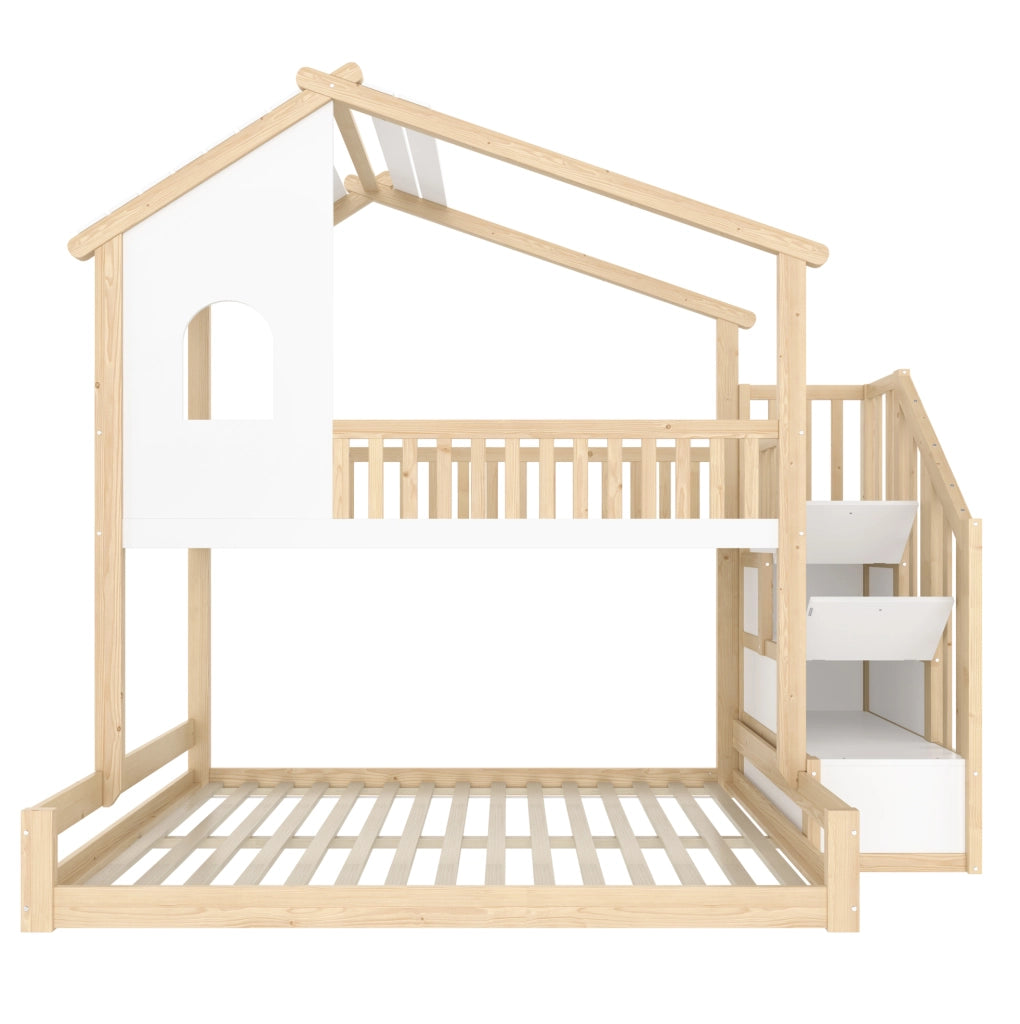 Letto a castello per bambini 90x200/140x200 cm con scala contenitore e sponde; naturale e bianco