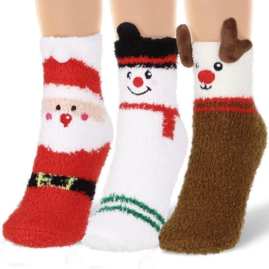 Calze di Natale 3 Pair - Calze di Flanella soffici - Calze termiche invernali - Disegni Rangone/Cavaliere di Natale/Bambina della Neve - Misura EU 34-39 - Felpa di Corallo morbida - Calze termiche