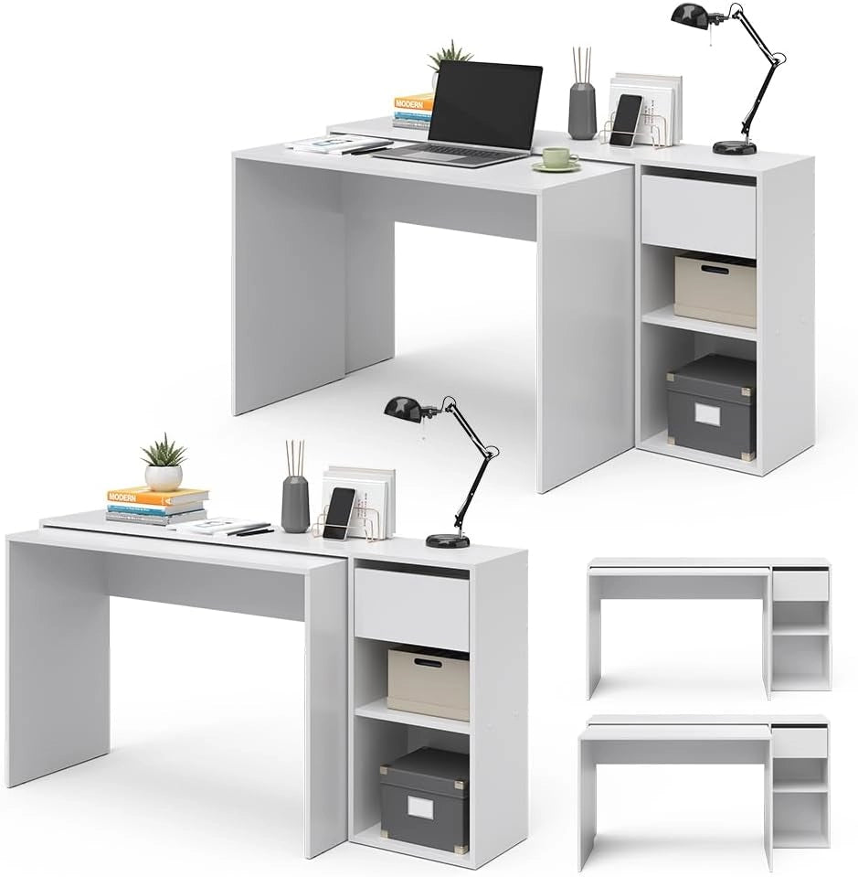 Scrivania Ben, Bianco, 145 x 46.4 cm, con piano di lavoro e ripiani aperti per l'organizzazione