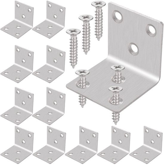 Angolo di supporto 40 x 40 x 2 mm - 12 pezzi in acciaio inossidabile - 6 fori - Angolo di supporto per DIY - Inclusi 72 viti - Resistente allo shock