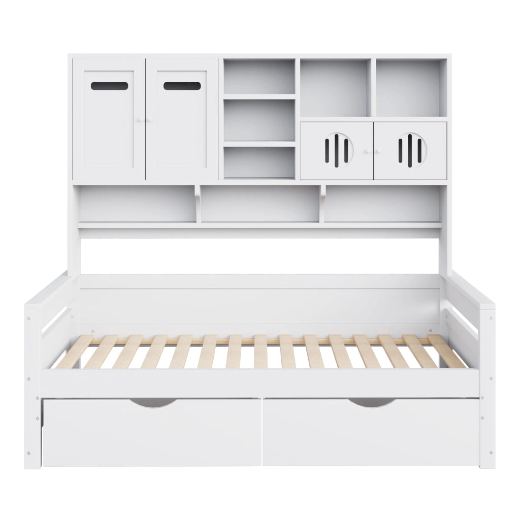 OKWISH Letto a Divano 90×200 cm, Letto Singolo con 2 Cassetti, Vani Contenitori e Ripiani, senza Materasso, in Legno, Bianco