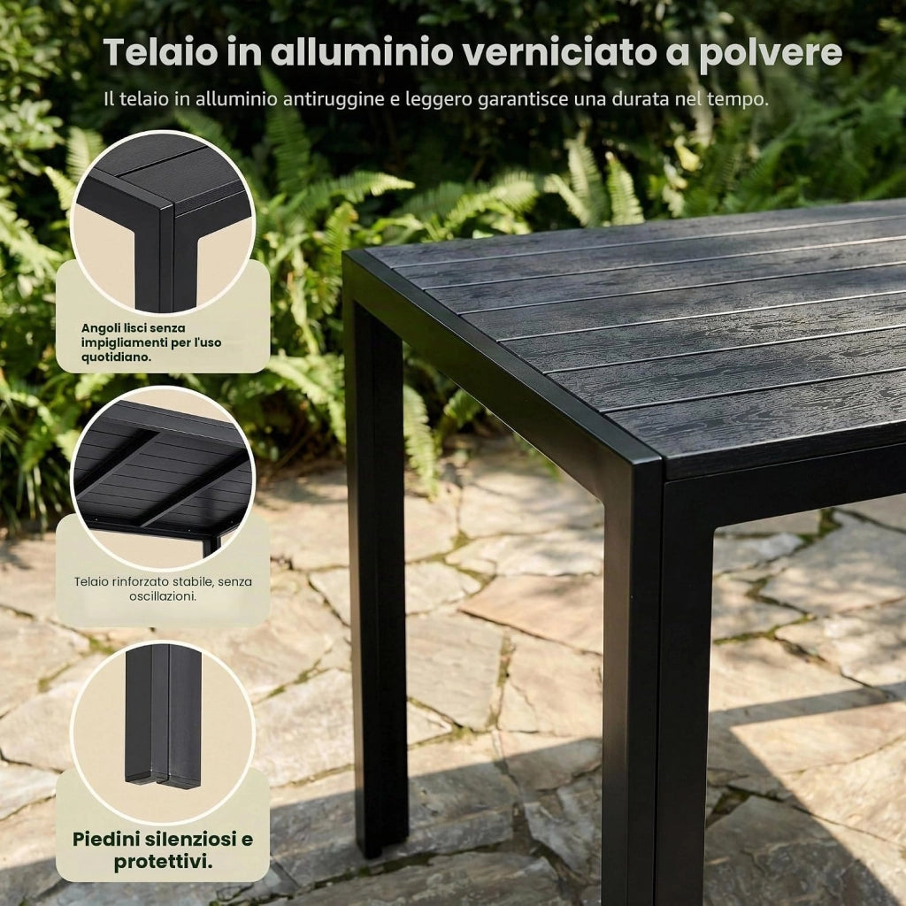 Tavolo da Giardino 110x70 cm, Tavolo da Terrazzo in WPC per 4-6 Persone, Tavolo da Balcone Resistente alle Intemperie con Telaio in Alluminio, Design Effetto Legno,Nero