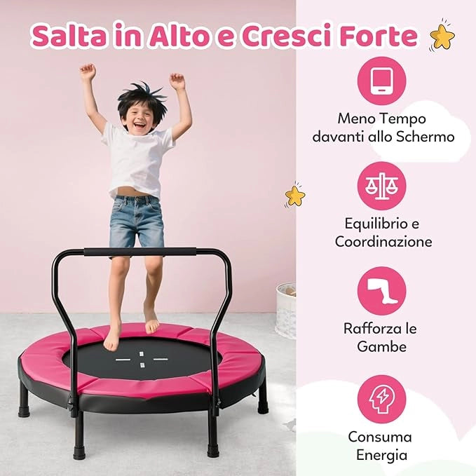 Trampolino Elastico per Bambini, Tappeto Elastico da Interno ed Esterno con Manubrio in Schiuma e Cuscino di Sicurezza, Ideale per Bambini 3-6 Anni, Portata 100 kg