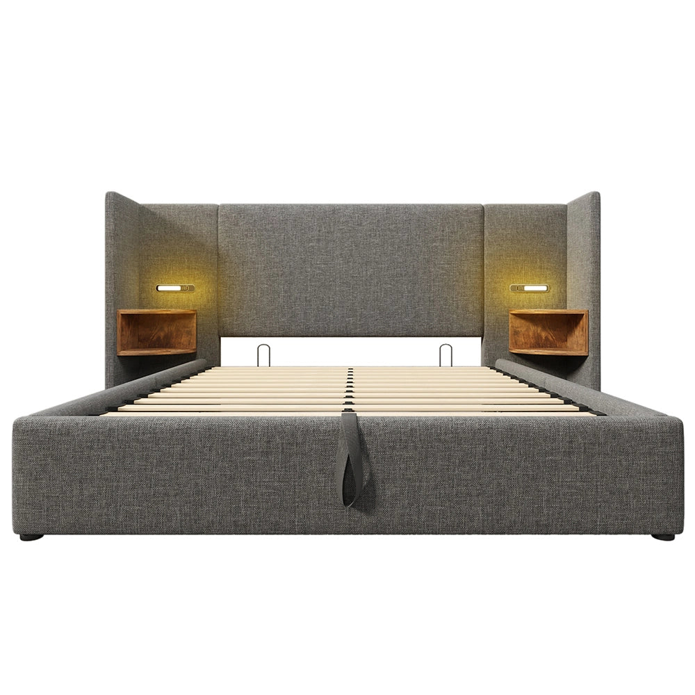 Letto matrimoniale con comodino - Xylo - 160x200 cm - Grigio - Lampada USB Type-C