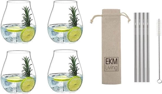 Set di bicchieri Gin Tonic 4 pezzi + set di 4 paletti in acciaio inox (argento)