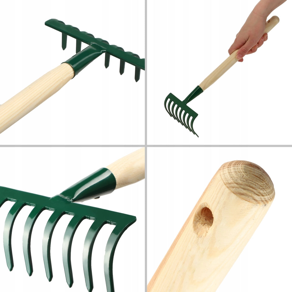 KADAX Piccolo rastrello per foglie ed erba da giardino, 36 cm, 8 denti, manico in legno