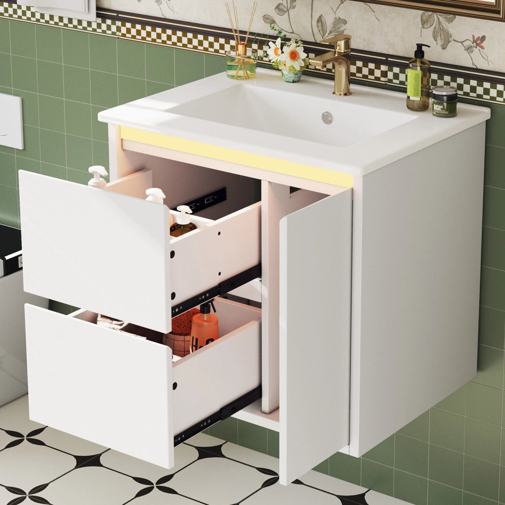Mobile bagno sospeso bianco da 61 cm con luce LED e lavabo integrato