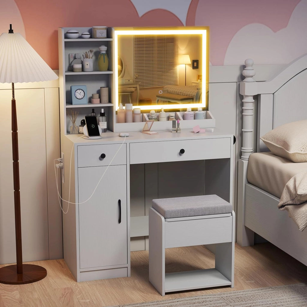 Tavolo da toeletta con sgabello imbottito, specchio HD con luci LED regolabili in 3 colori e luminosità, stazione di ricarica, 3 ripiani, 2 cassetti, tavolo da trucco per camera da letto