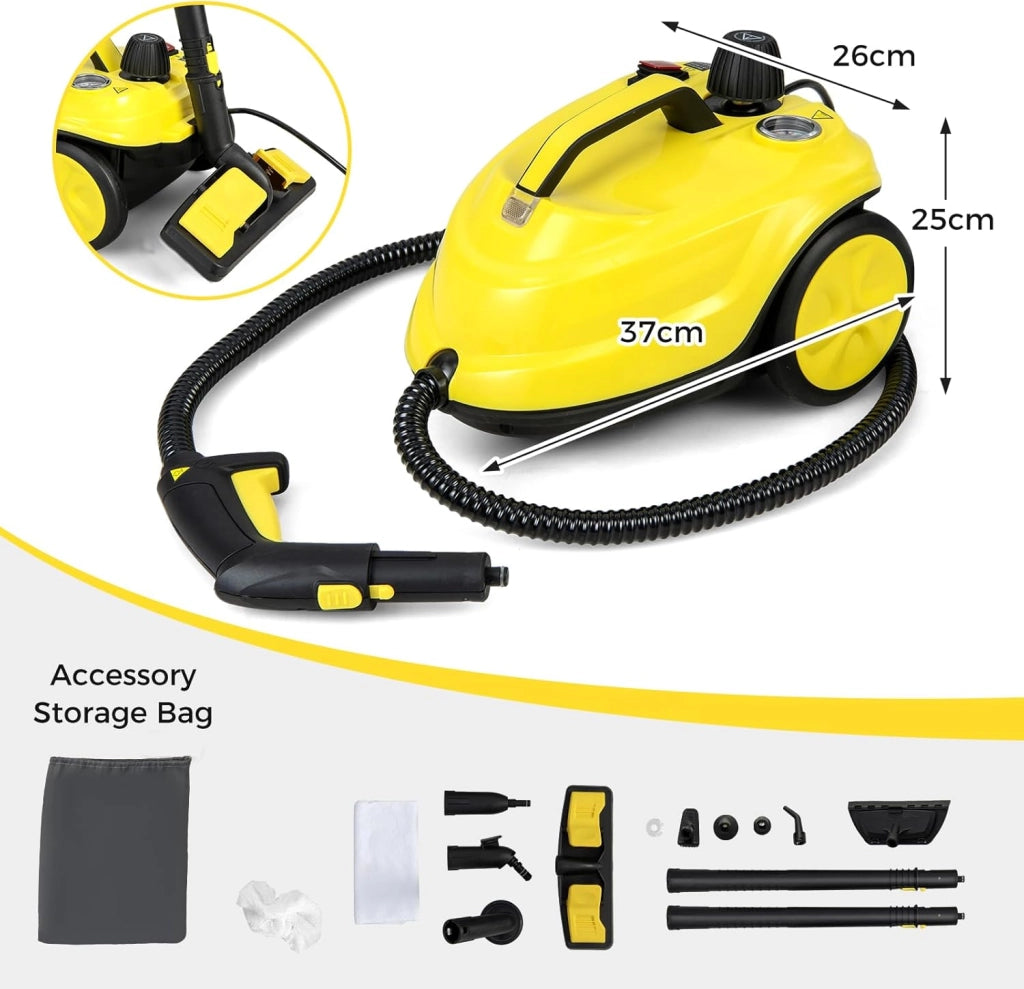 Potente Pulitore a Vapore 2000W, 14 Accessori, Pressione Massima 5 Bar, Temperatura 160℃, Riscaldamento Rapido 8 Minuti, Serbatoio 1,8L, per Pavimenti, Divani, Cucina, Superficie 108 m² (Giallo)