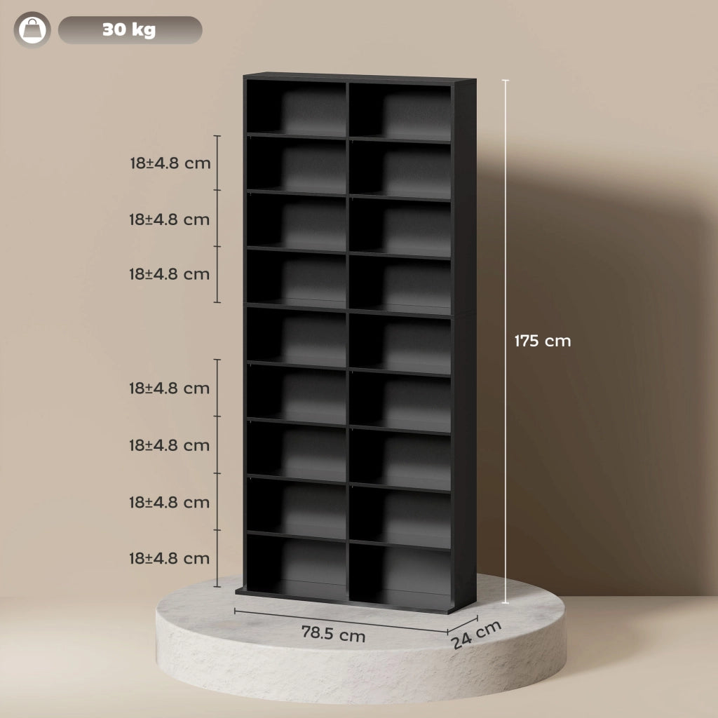 Libreria Porta CD e DVD 78,5x24x175 cm con 14 Ripiani Regolabili Nero