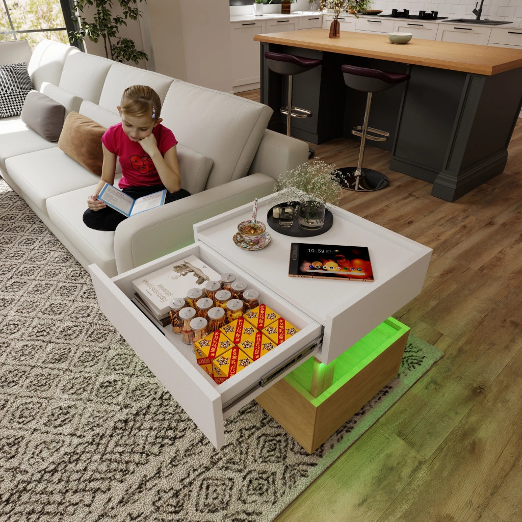 Comodino con 2 cassetti, ricarica wireless e LED, finitura bianco e legno naturale 50x40x50 cm