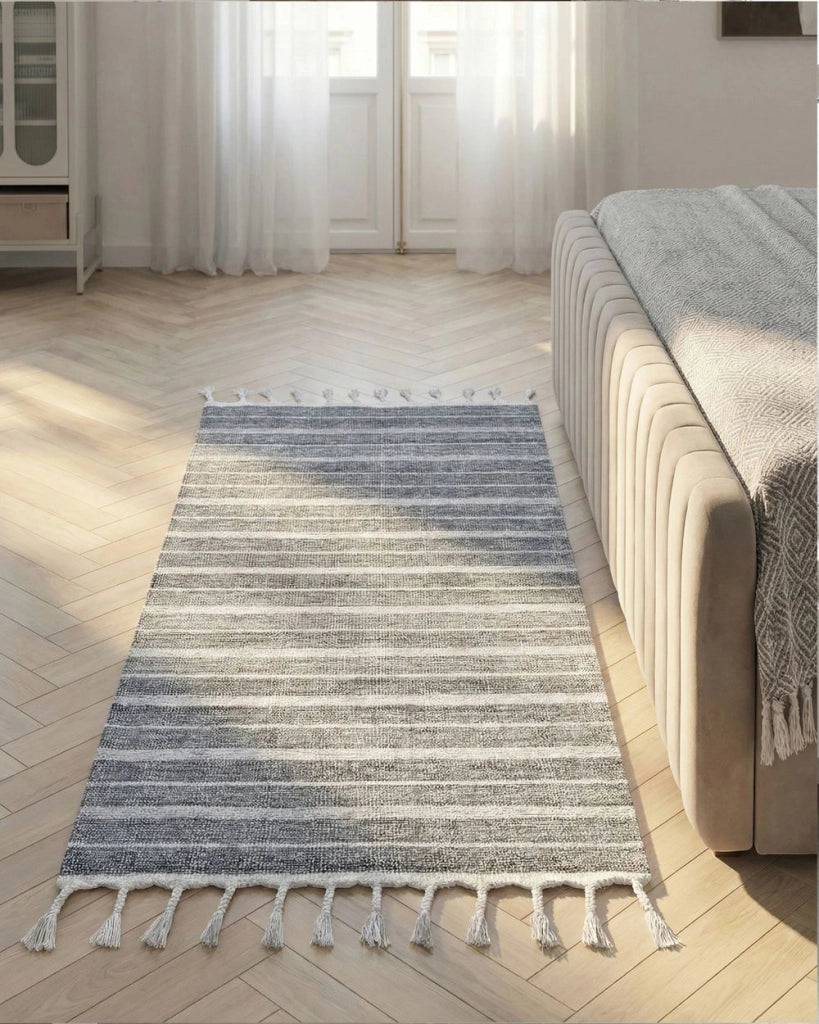 Tappeto bianco sporco 80 x 150 cm per soggiorno e camera da letto con frange a righe