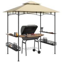 Gazebo da BBQ, Gazebo da Giardino con 2 Ripiani, Ceste Portaoggetti, Ganci, per Terrazza, Beige