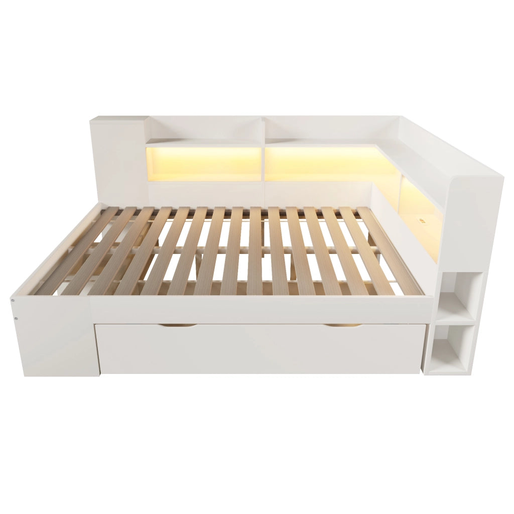 Letto a scomparsa 140x200 cm - Zephmum - Bianco - LED, USB-C, vani