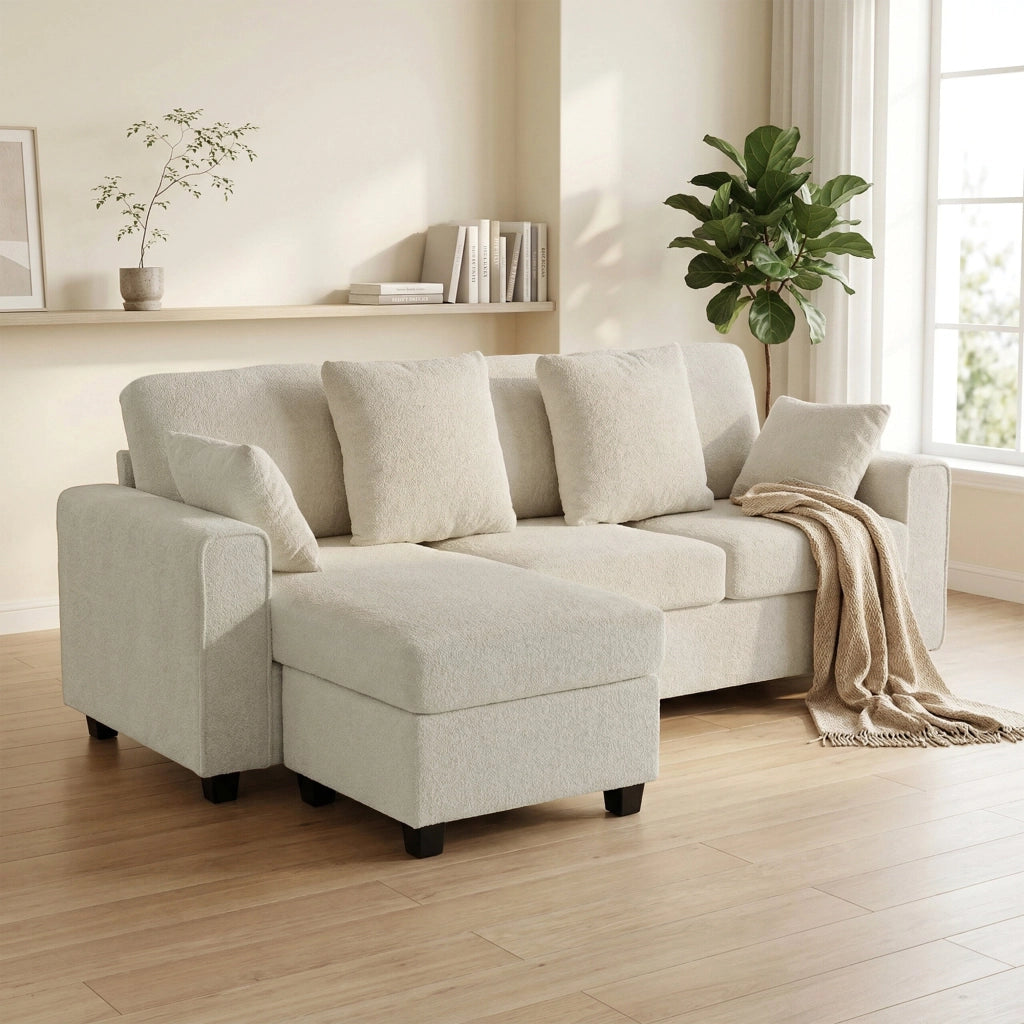 Divano angolare con chaise longue reversibile, imbottito, 3 posti, tessuto velluto, beige ¨C zephmum ¨C 90x