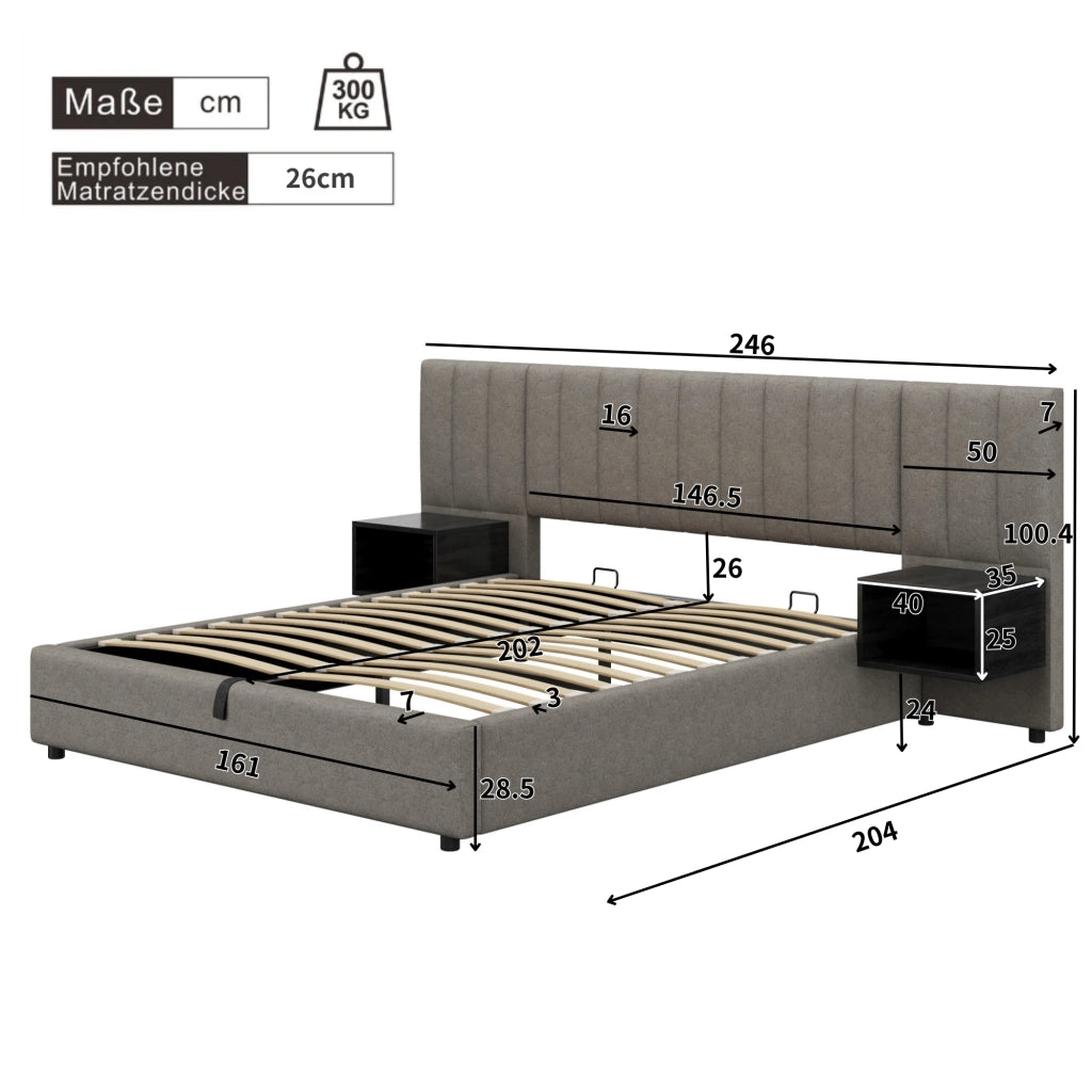 OKWISH Letto contenitore 160×200 cm, Letto Matrimoniale con Sollevamento Idraulico, 2 Comodini e Doghe in Legno, senza Materasso, Lino Grigio Nero