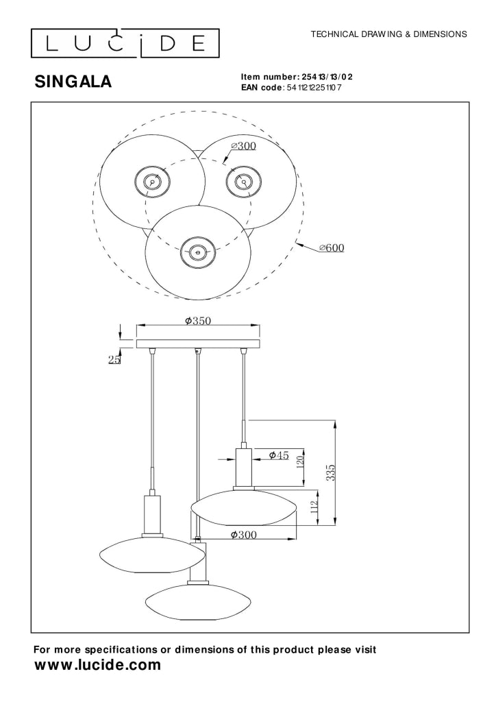 Lampadario Singala Lucide 3 luci vetro bianco ottone