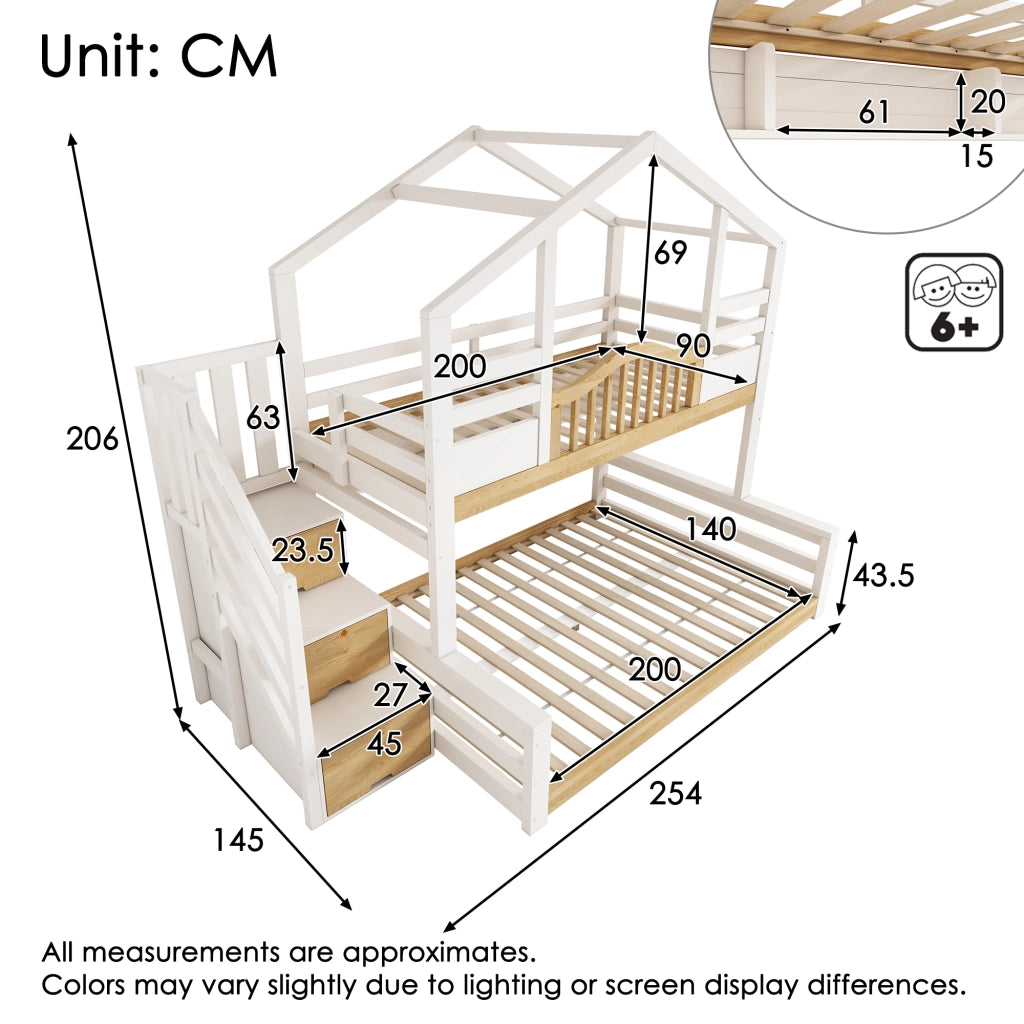 Letto a castello per bambini stile cabana con scala e ripiani LEMONMAX; 90x200 e 140x200 cm; bianco e naturale