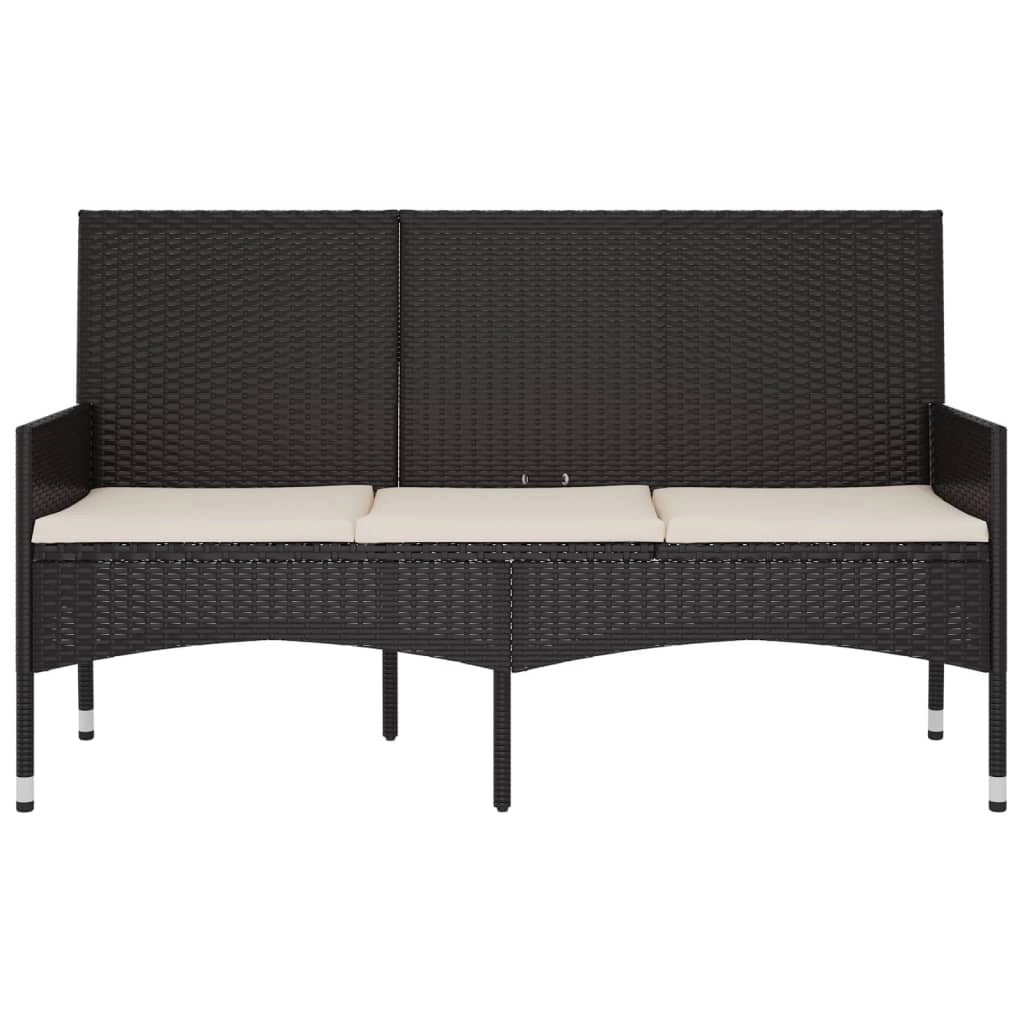 Panca da giardino mobile da giardino per esterni terrazza a 3 posti 140 x 51 x 85 cm con cuscini neri in resina intrecciata 02_0011792