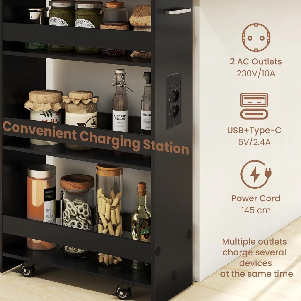 Carrello Portaoggetti a 4 Ripiani con Ruote Rirevoli a 360°, Carrellino Scorrevole con Maniglia Slim, da Bagno, Cucina, Lavanderia, 47,5 x 20 x 80,5 cm (Nero e Naturale, Con Presa)