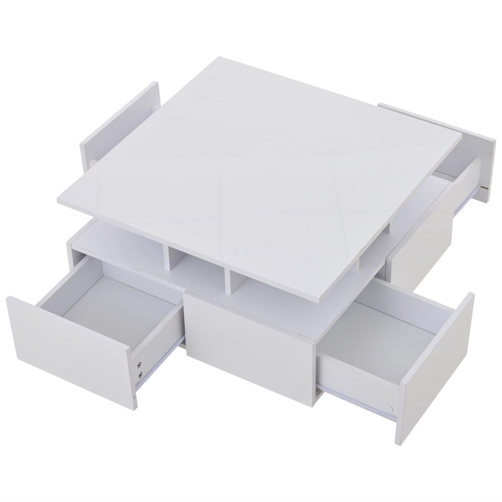 Tavolino da salotto con 4 Cassetti e 1 Vano semiaperto; LED; Finitura Lucida; in Pannelli di particelle; 70 × 70 × 40 cm; Bianco