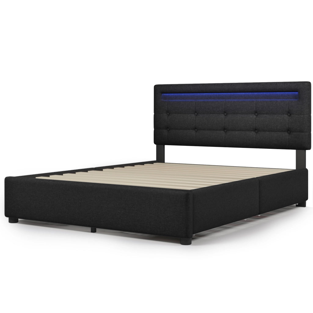 Letto matrimoniale 140x200 cm con LED, 4 cassetti, testiera regolabile e rete a doghe in legno, nero