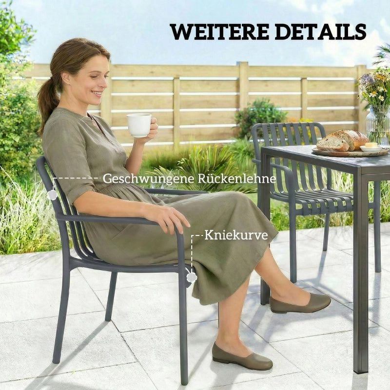 Set di 4 sedie da giardino impilabili con braccioli a doghe, ergonomiche, grigio scuro