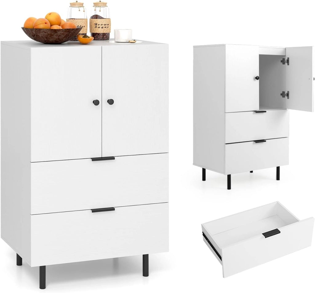 Credenza da cucina, mobile a buffet con 2 cassetti e armadio con ante, armadio con gambe in metallo, per soggiorno, sala da pranzo, corridoio, 60 x 42 x 102 cm (marrone)