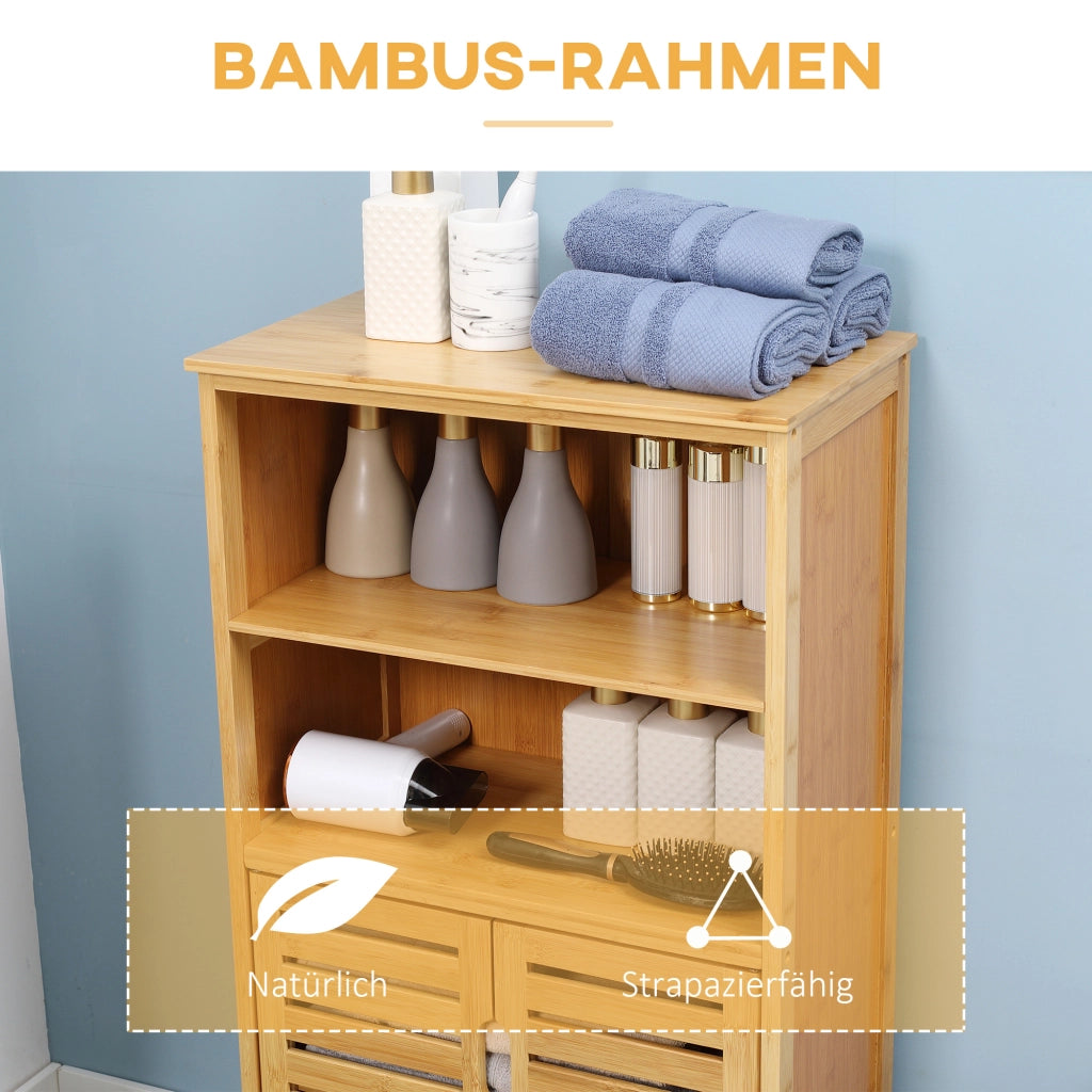 Mobiletto da bagno in bamb¨´, mobile base con ante a doghe, dispositivo antiribaltamento in stile rustico, mobiletto versatile e multifunzionale.