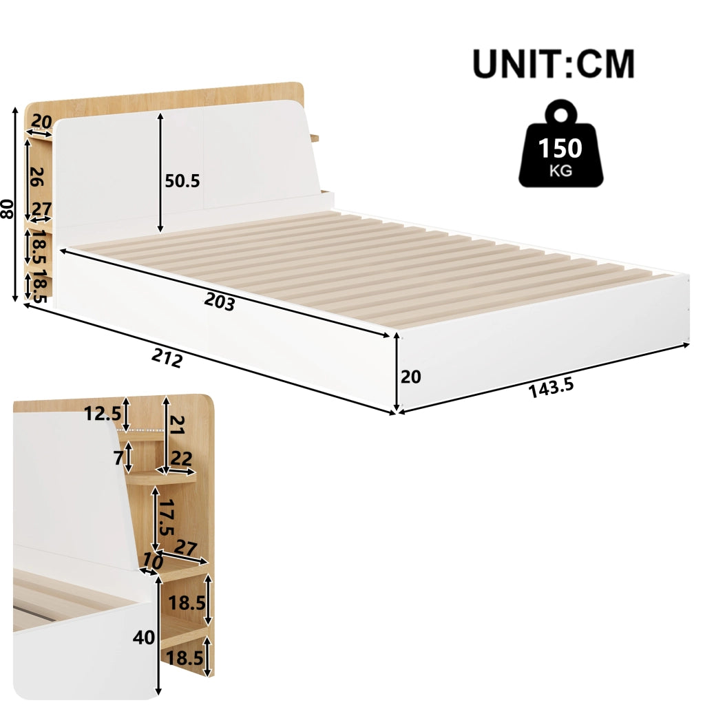 LETTO contenitore idraulico 140x200 cm pino bianco/naturale con USB Type-C e LED