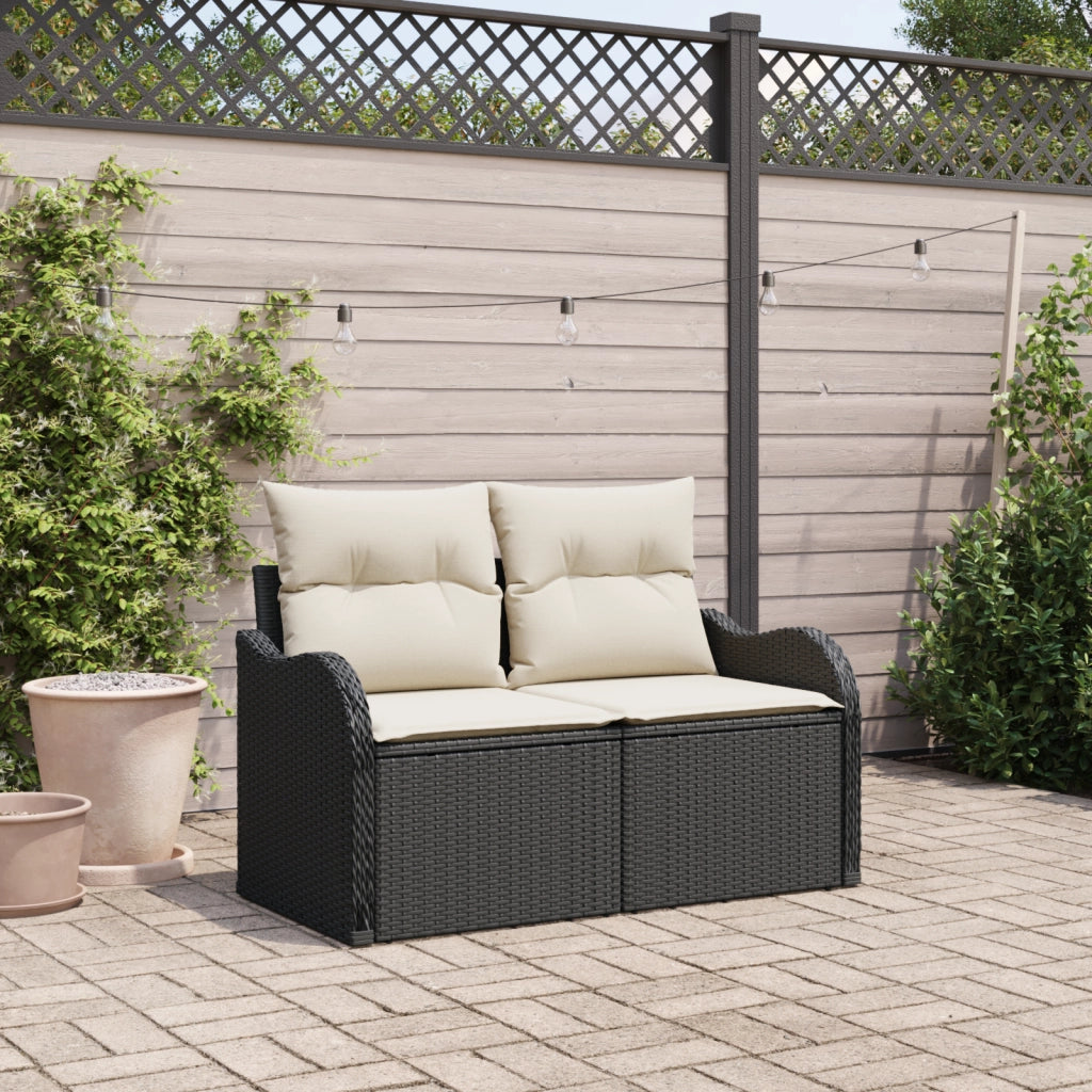 Sofa da giardino a 2 posti  con storage e cuscini in polyrattan nero