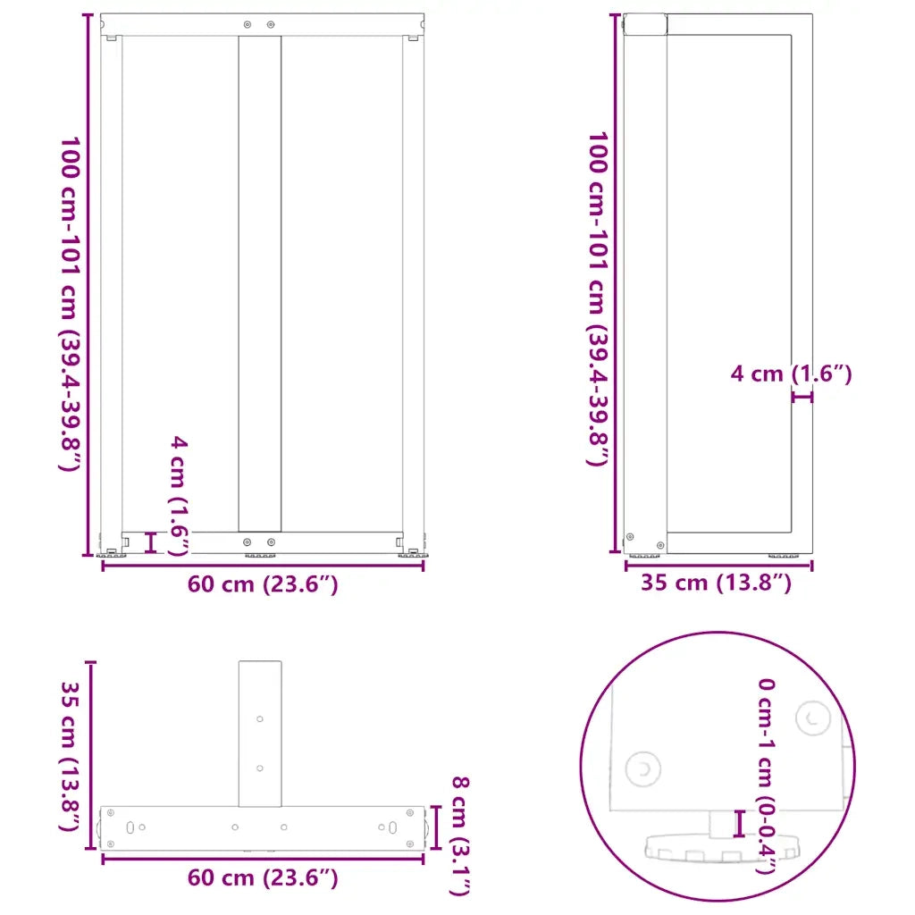 Gambe per tavolo da bar a forma di T 2 pz nere 60x35x(100-101) cm in acciaio