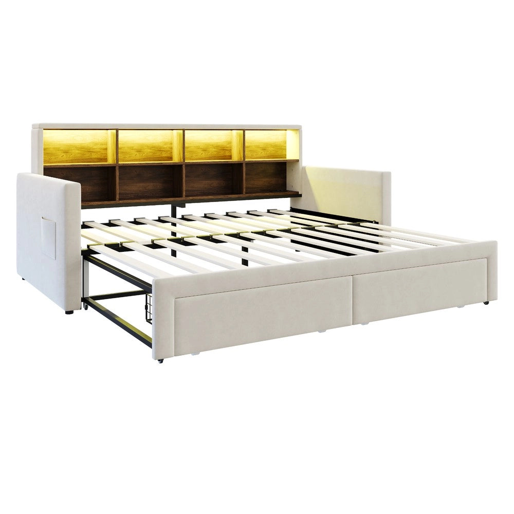 Letto Imbottito Estraibile con LED, Cassetti e Testiera Contenitore ¨C Xylo ¨C Velluto Beige 90x190/180x190