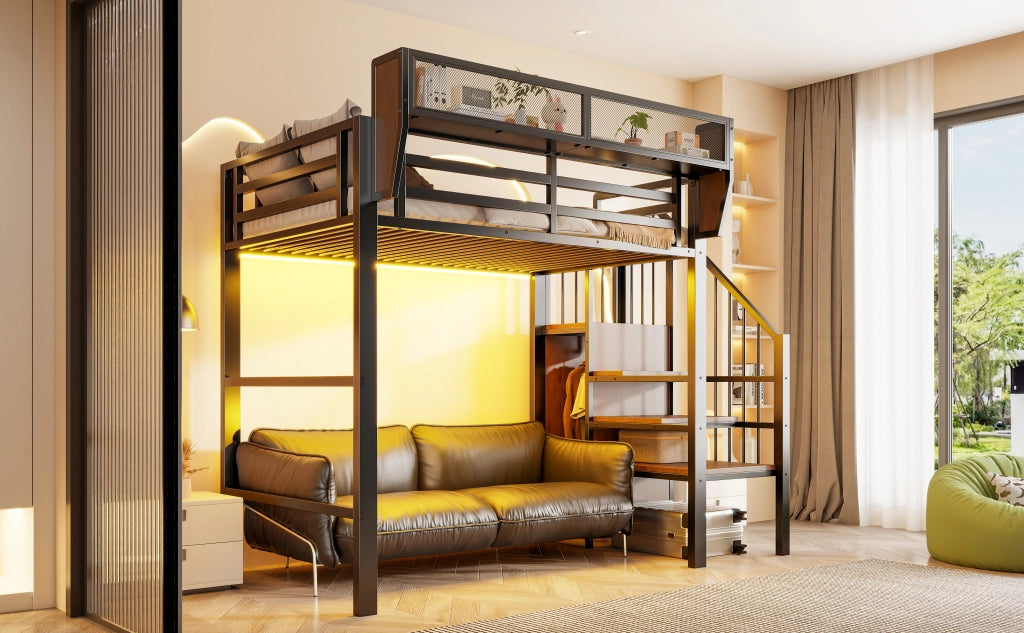 Letto a soppalco 90 × 200 cm con LED, scala di sicurezza e ripiano regolabile, senza materasso, in metallo, nero