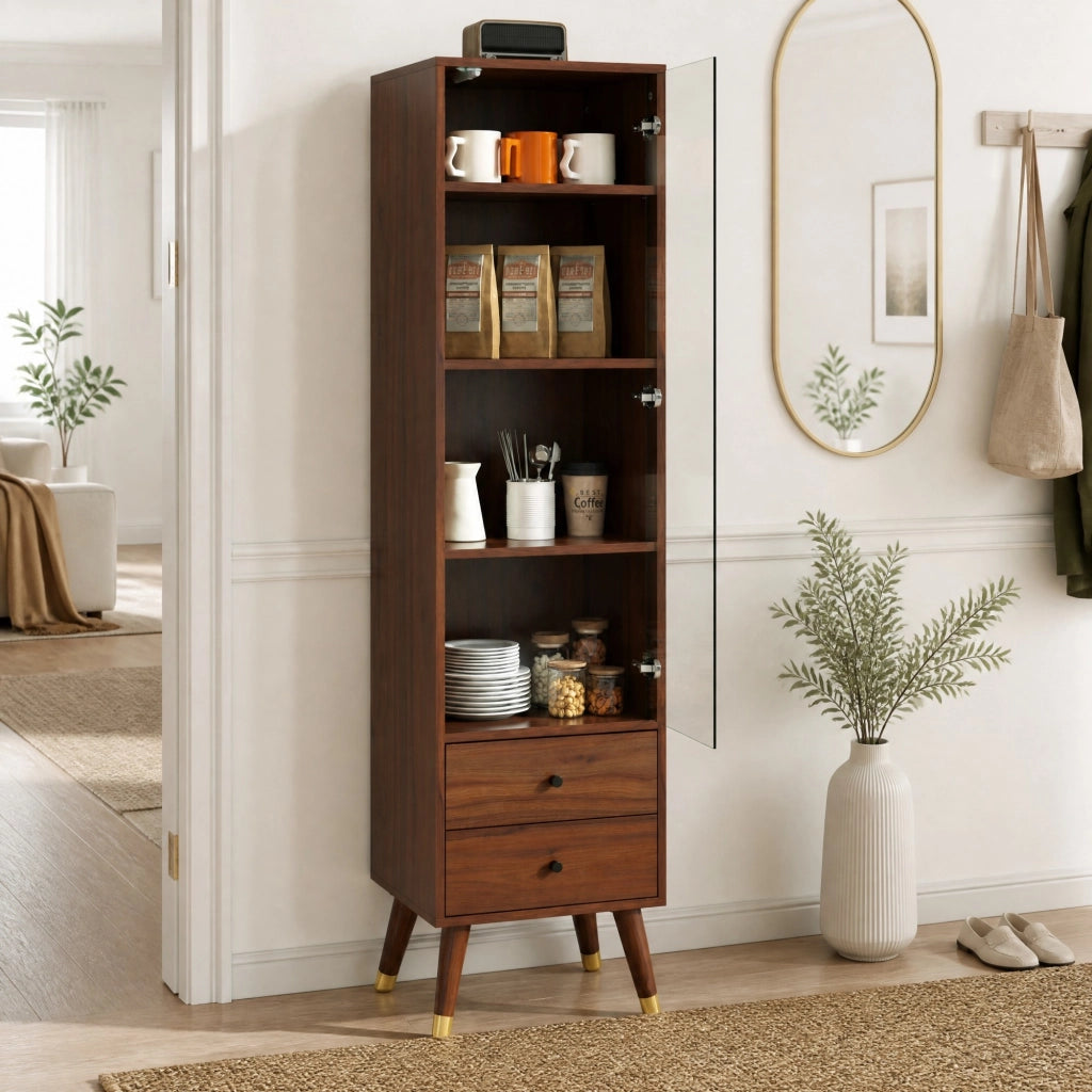 Vetrina moderna con porta in vetro; 3 ripiani regolabili e 2 cassetti; finitura noce